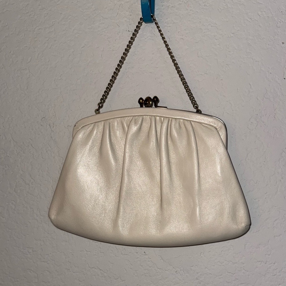 Vintage Cream Leather Convertible Clutch Evening Bag